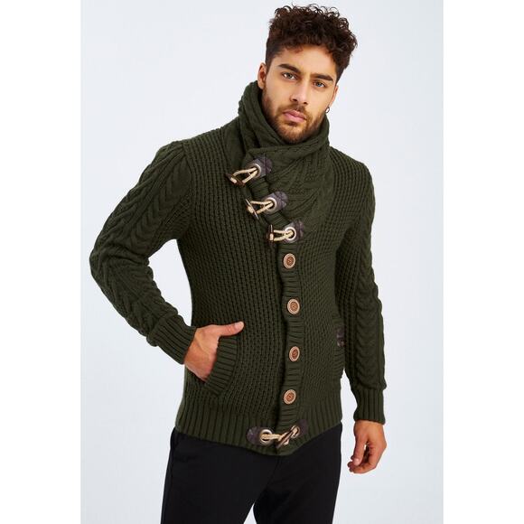Leif Nelson Cardigan with Stand-Up Collar Forest Green Fisherman Irish Large - Picture 1 of 10